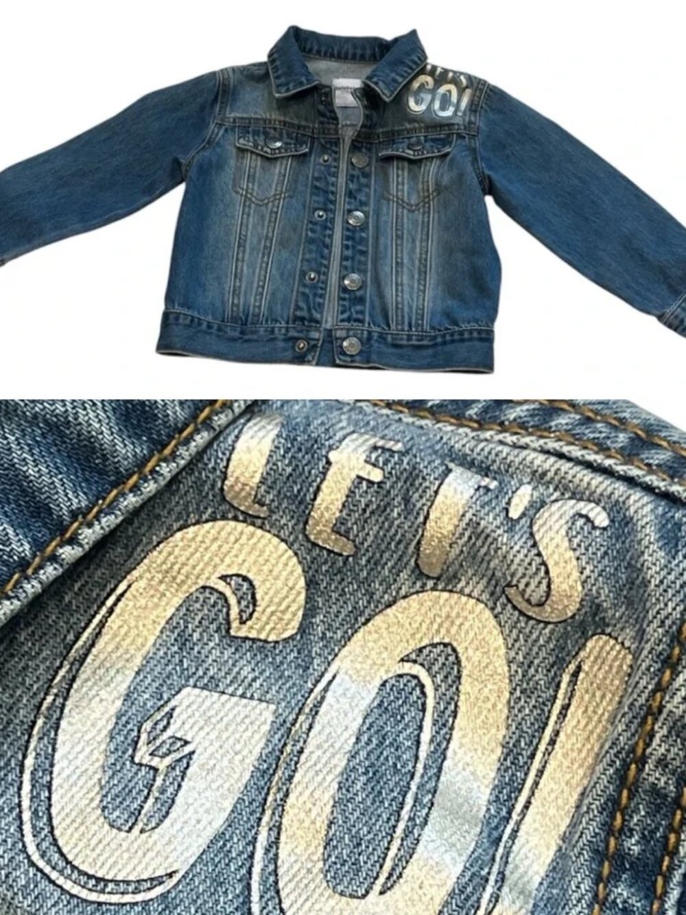 KID'S Denim Jacket with Silver Graphic 'Let's Go!' Sz 4-5 Yr Old Snap Close